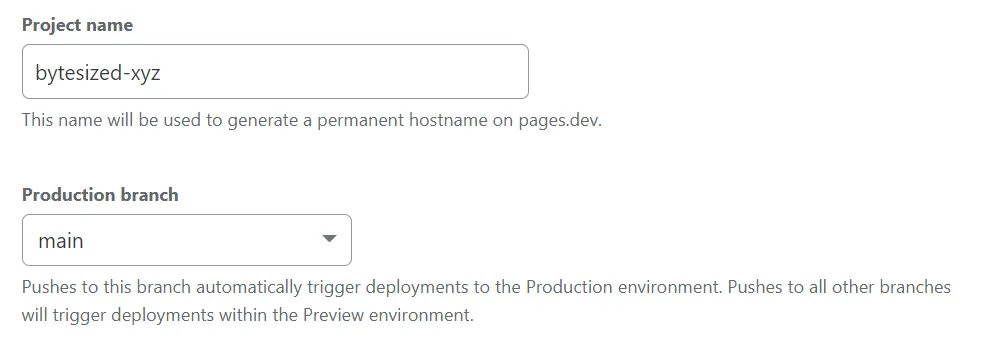 Set up builds and deployments page with Project name and Production branch filled in