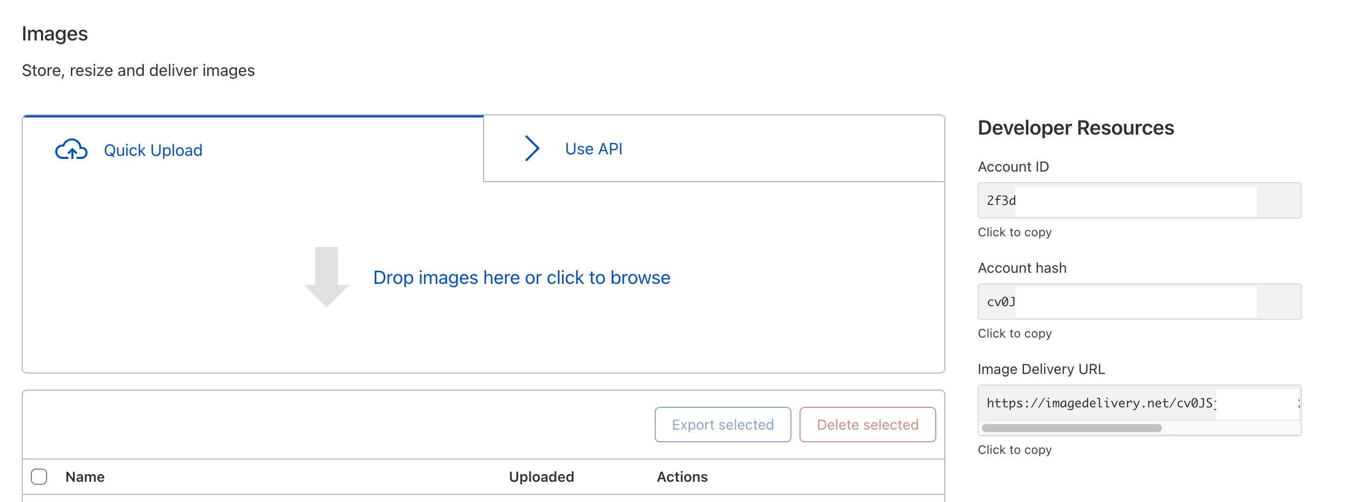 Developer Resources section within the Images product form the Cloudflare Dashboard.