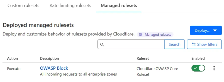 Example WAF Managed Rules configuration in the Managed rulesets tab under Application Security > WAF.