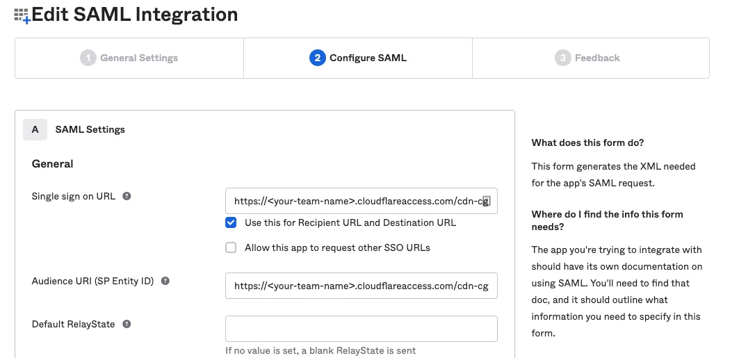 Entering your Zero Trust callback URL into Okta