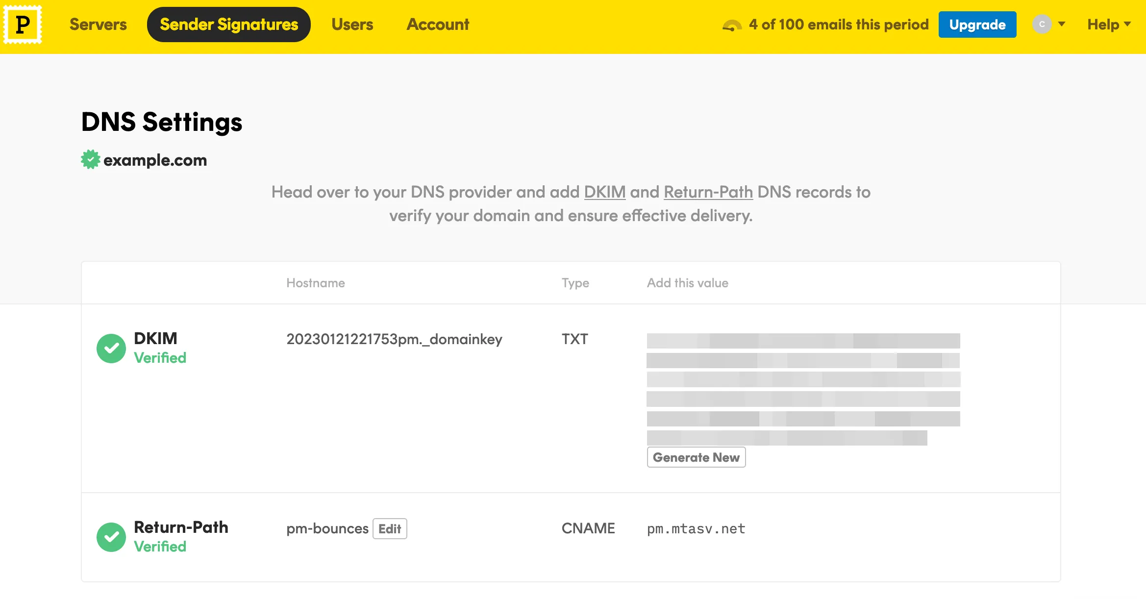 Image of domain verification on the Postmark dashboard